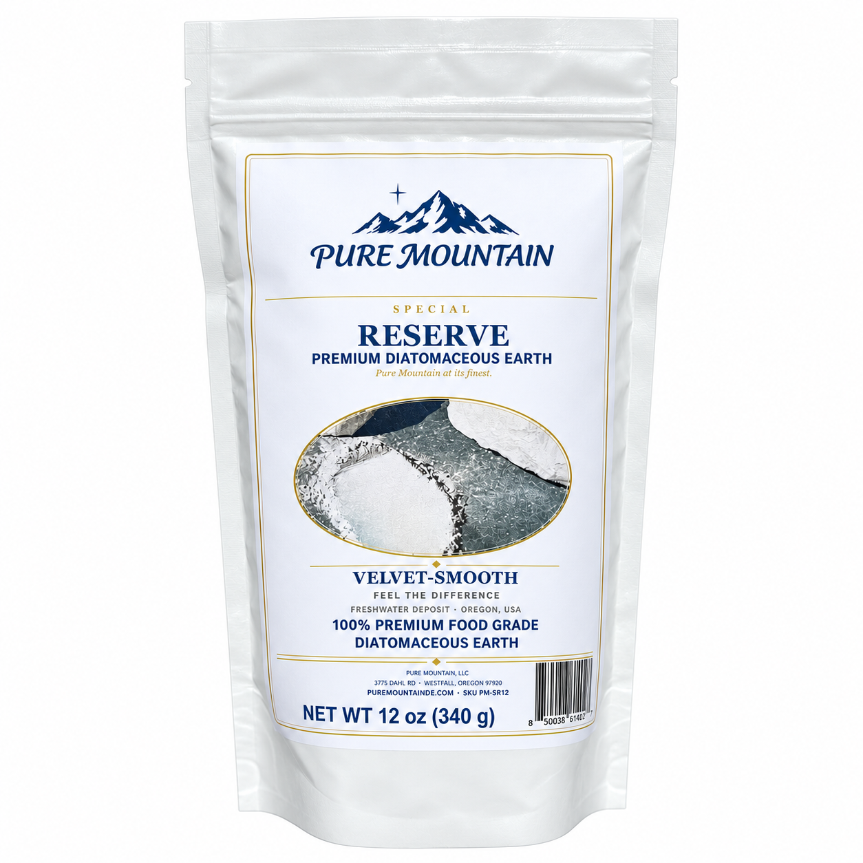 Pure Mountain Special Reserve 12 oz pouch of premium diatomaceous earth.