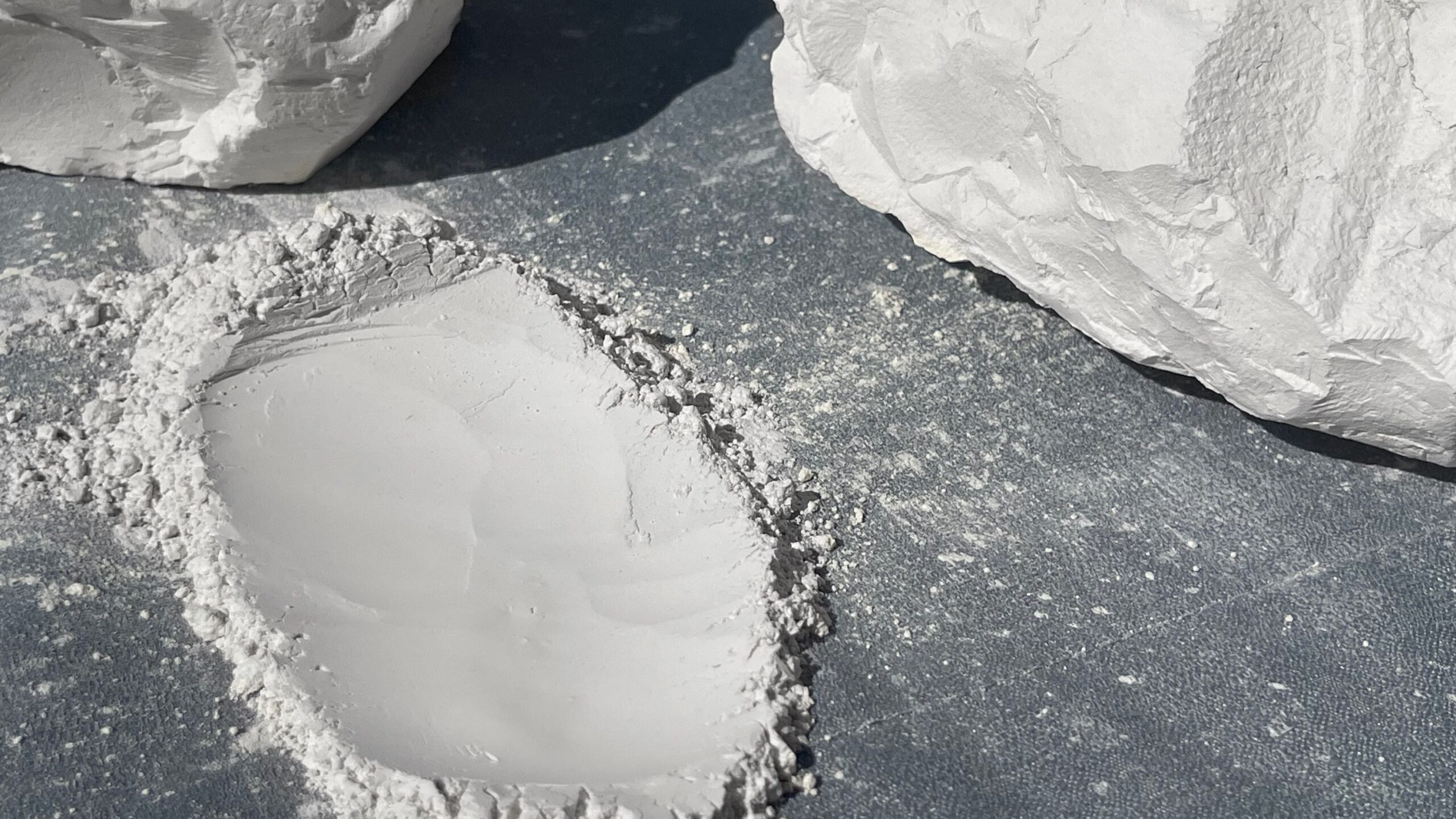 White diatomaceous earth pieces and fine powder photographed by Faith.